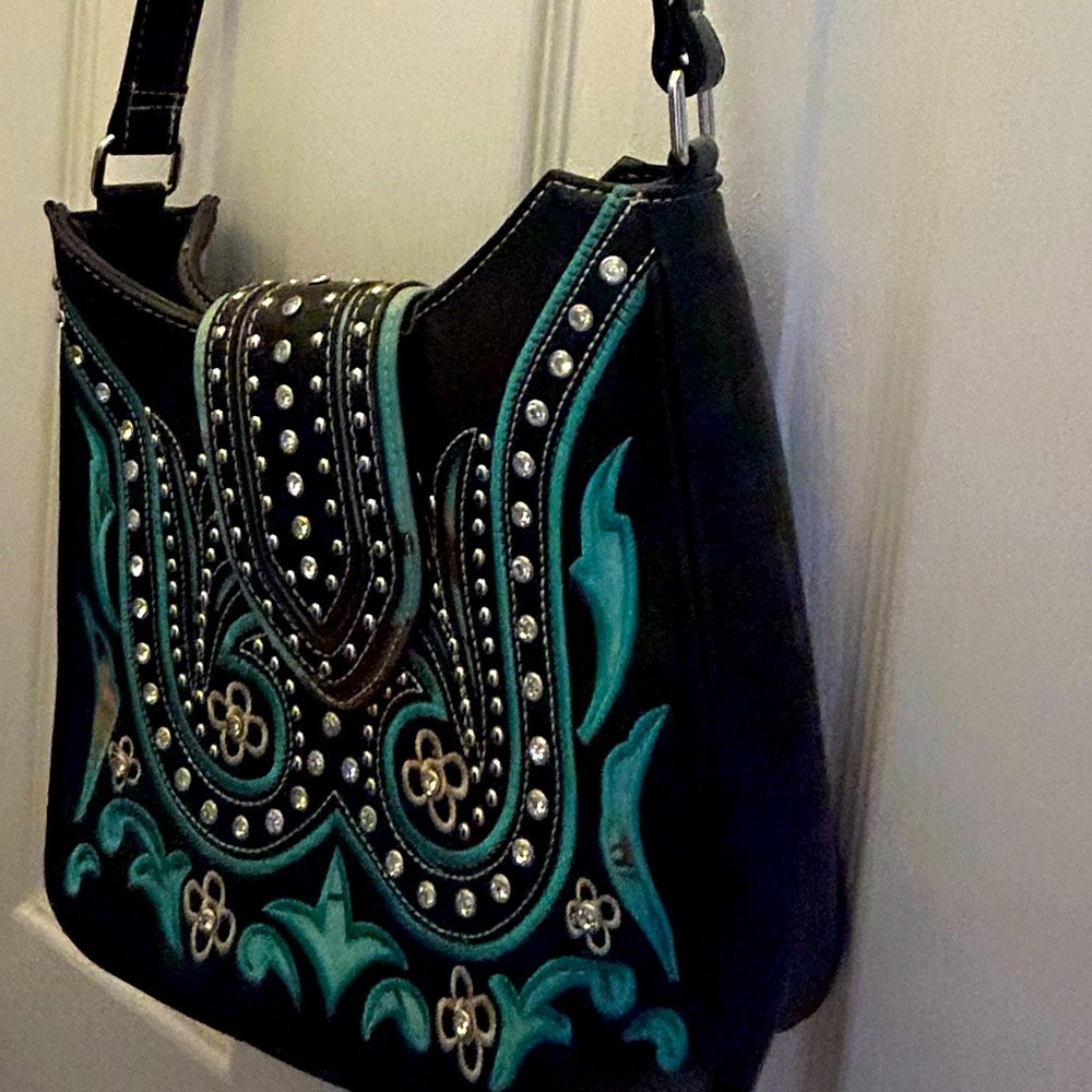P&G Black and Turquoise Conceal and Carry Crosbody with studs and rhinestones